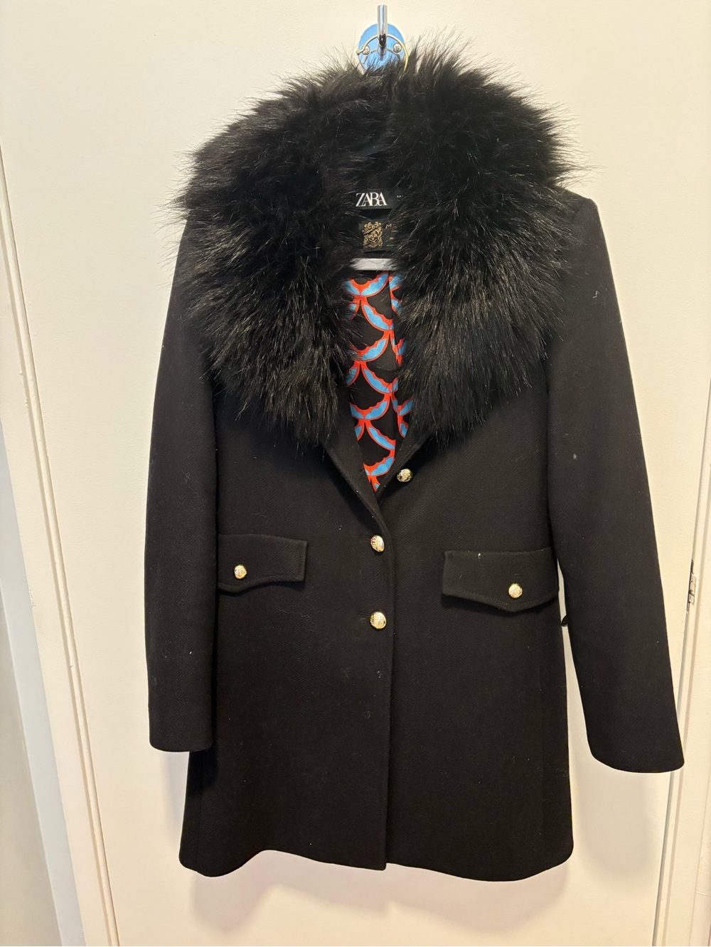 Zara Black Wool Pea Coat with Plush Faux Fur Collar